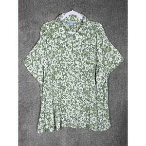 Only Necessities Plisse Top Womens Size 3X Green White Floral‎ Button Up Keyhole